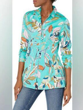 Nic + Zoe Riviera Botanic Tunic Blouse in Bright Turquoise Multi ** Size Large